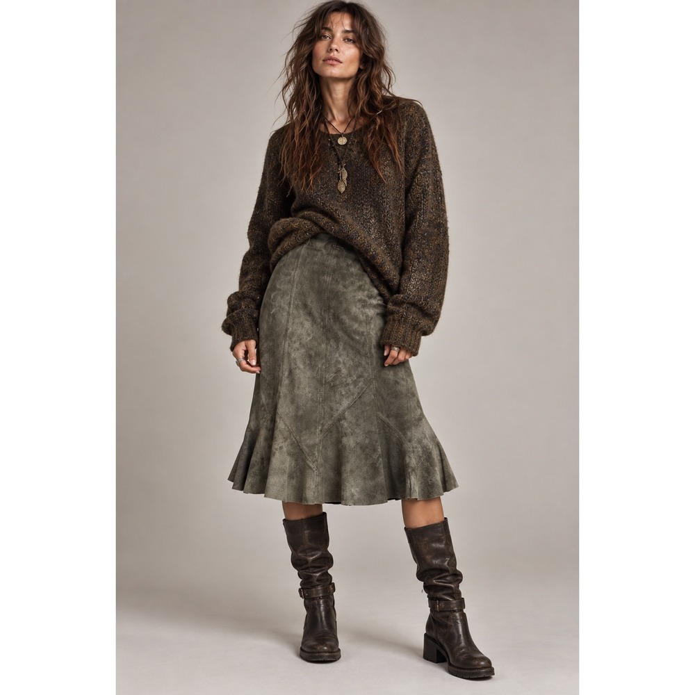 Genuine Leather Olive Green Midi Skirt Paneled Flared Goblincore Forest Grunge m